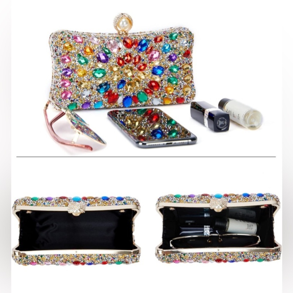 Multicolor Rhinestone Clutch w/Chain Strap - Picture 5 of 9